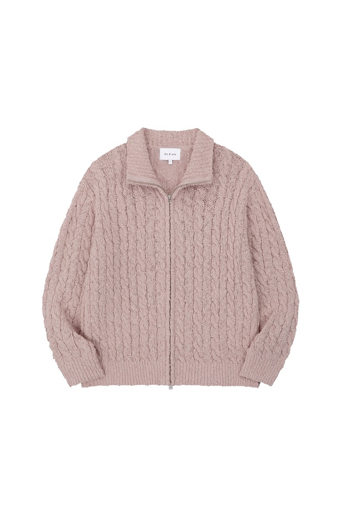 BOUCLE CABLE KNIT ZIP-UP DOWN PINK